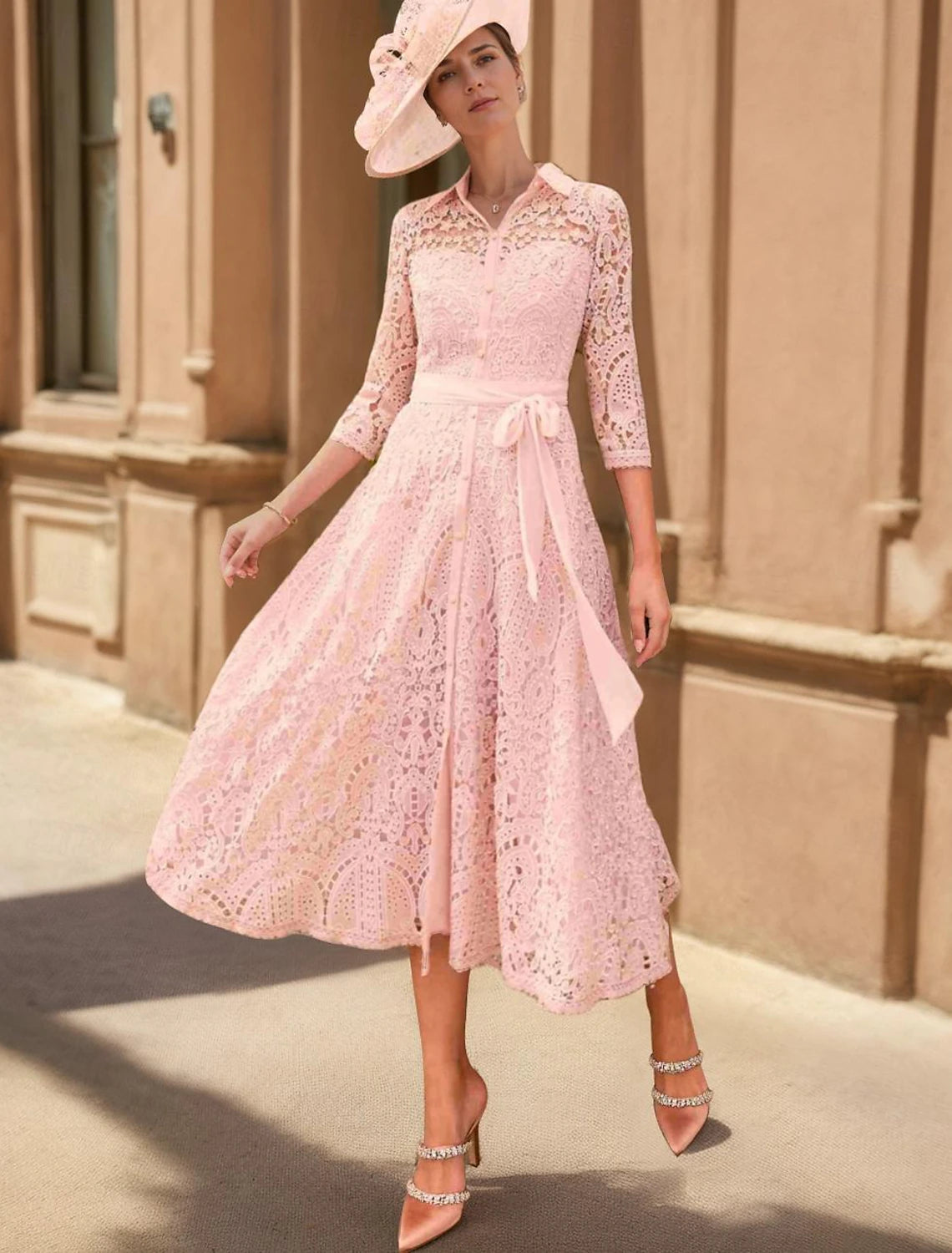 Buyishang A-Line Mother of the Bride Dress Elegant High Low V Neck Tea Length Polyester 3/4 Length Sleeve with Lace free custom size